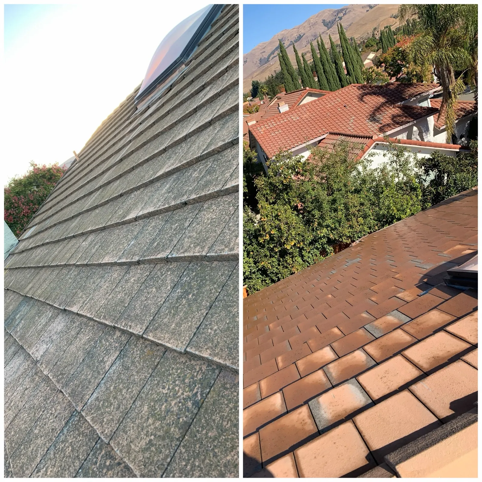 Flat tile roof cleaning in progress