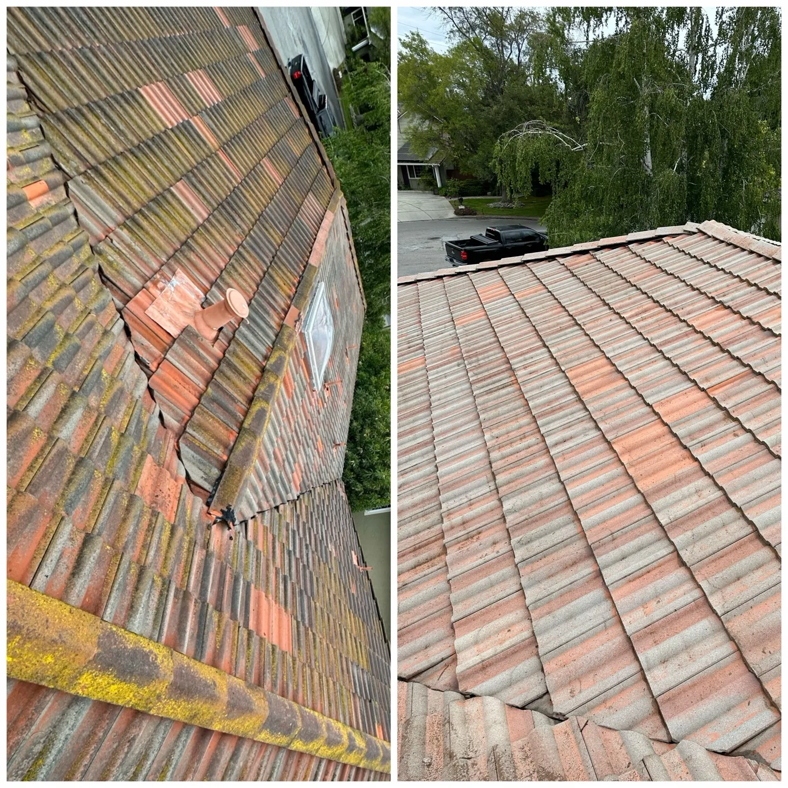 Before and after: moss-covered Spanish tile roof restored in San Jose